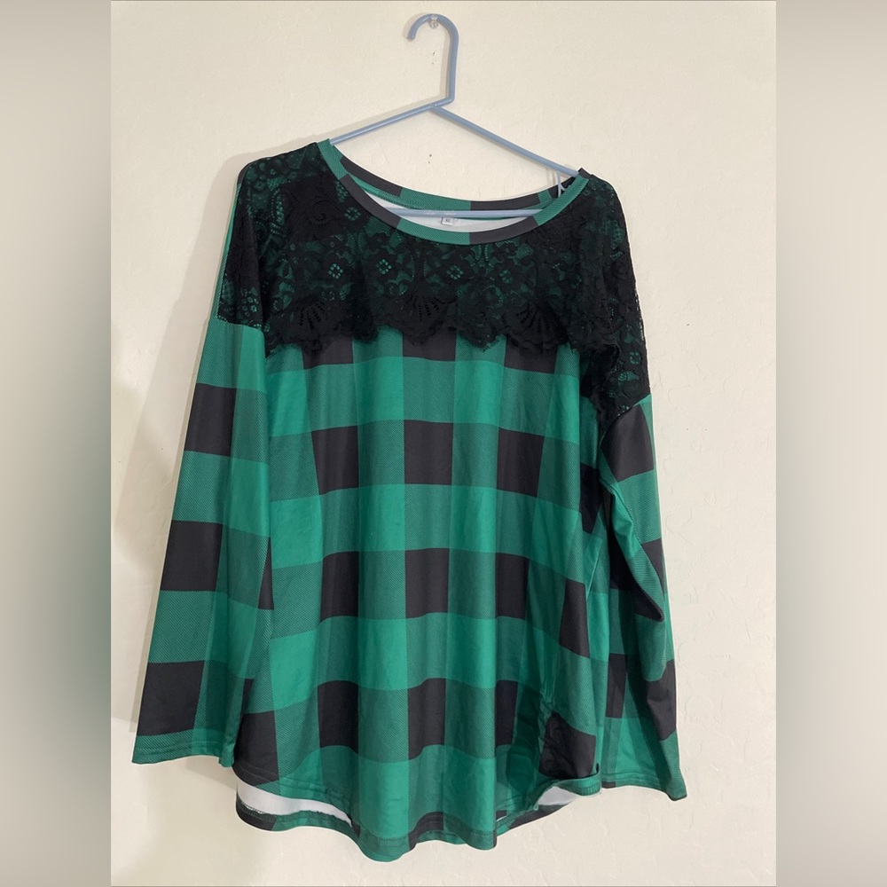 Plus Size Green Flannel Lace Top XL Long Sleeve Top Shirt Blouse